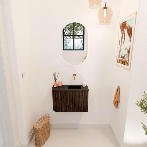 Mondiaz JOYA 61.6cm toiletmeubel - ronding links kleur Walnut - Wastafel FAYE positie Rechts Zonder kraangat kleur Urban. SW1421375