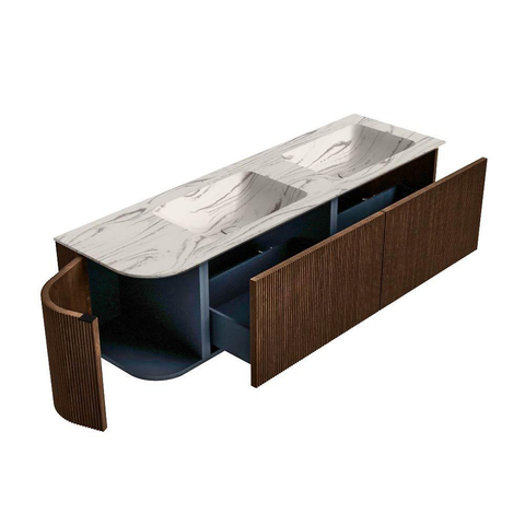 MONDIAZ KURVE-DLUX 155cm badmeubel ronding Links kleur Walnut met 2 lades en 1 deur. Wastafel LEAF Dubbel / Rechts 2 kraangaten Nata. SW1432230