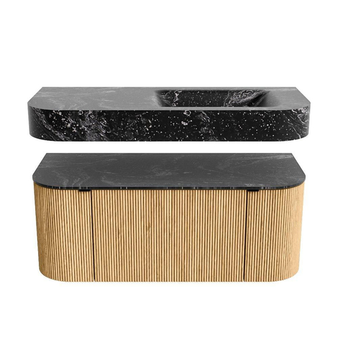 MONDIAZ THOR-DLUX 110cm meuble de salle de bains arrondi gauche + droite couleur Oak avec 1 tiroir et 2 portes. Vasque suspendue CLOUD Droite sans trou de robinet couleur Lava. SW1462746