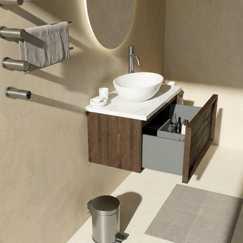 Saniclass Holz Frame Ensemble meuble de salle de bains - 80x45x43cm - Plan vasque en marbre Dia poli (blanc) - 1 trou de robinet - 1 tiroir - chêne charcoal mat (bois) SW1478333