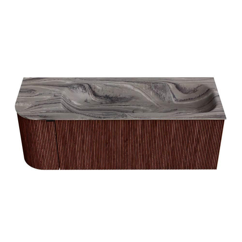 MONDIAZ KURVE-DLUX Meuble de salle de bains 125cm arrondi à gauche couleur Ruby avec 1 tiroir et 1 porte. Lavabo BIG MEDIUM à droite sans trou de robinet Sombra. SW1433951
