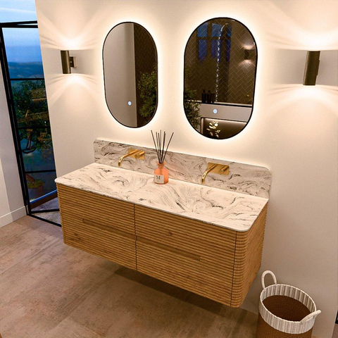 Mondiaz CIRO-DLUX Meuble de salle de bains - 140x45x50cm - Plan vasque solid surface Glace - 2 vasques Double - sans trous de robinet - 4 tiroirs - Chêne SW1530820