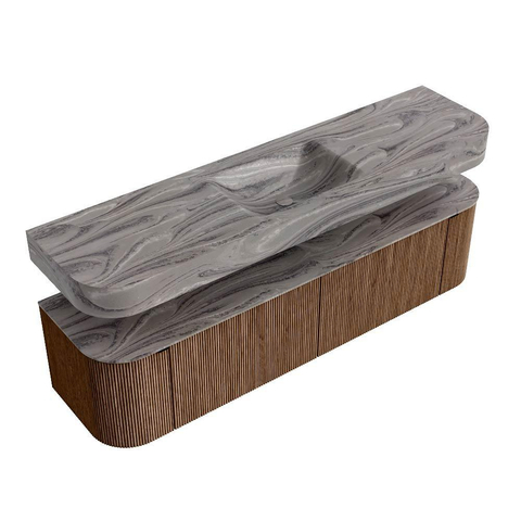 MONDIAZ THOR-DLUX 180cm badmeubel ronding links + rechts kleur Walnut met 2 lades en 2 deuren. Vrijhangende wastafel CLOUD Midden zonder kraangat kleur Sombra. SW1466277