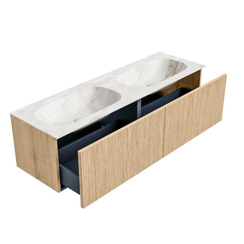 MONDIAZ KURVE-DLUX Meuble de salle de bains 150 cm couleur Oak avec 2 tiroirs. Lavabo STOR SMALL double 2 trous de robinet couleur Frappe. SW1137417