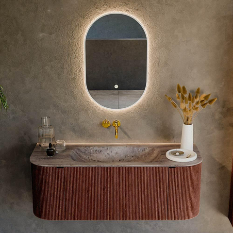 MONDIAZ KURVE-DLUX Meuble de salle de bains 120cm arrondi gauche + droite couleur Ruby avec 1 tiroir et 2 portes. Plan-vasque BIG SMALL Milieu sans trou de robinet Oza. SW1432766