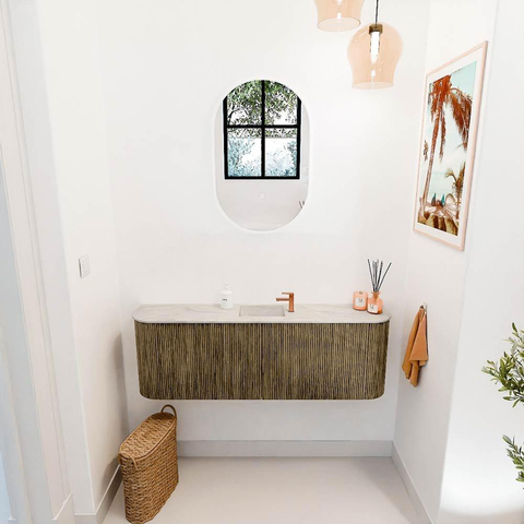 Mondiaz JOYA-DLUX meuble WC 123,2 cm - arrondi à gauche et à droite couleur Dusk - lavabo FAYE position centrale 1 trou de robinet couleur Ostra. SW1423441