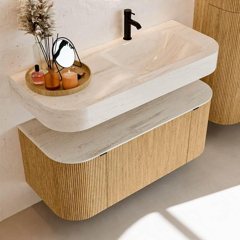MONDIAZ THOR-DLUX 110cm badmeubel ronding links + rechts kleur Oak met 1 lade en 2 deuren. Vrijhangende wastafel CLOUD Rechts 1 kraangat kleur Meli. SW1462945