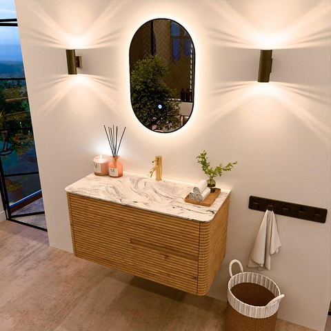 Mondiaz CIRO-DLUX Ensemble de meubles de salle de bains - 100x45x50cm - Plan vasque solid surface Glace - 1 vasque centrale - 1 trou de robinet - 2 tiroirs - Chêne SW1530810