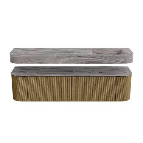 MONDIAZ THOR-DLUX 180cm meuble de salle de bains arrondi gauche + droite couleur Dusk avec 2 tiroirs et 2 portes. Vasque suspendue CLOUD Droite sans trou de robinet couleur Sombra. SW1466265