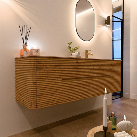 Mondiaz CIRO-DLUX Badkamermeubelset - 160x45x50cm - Solid surface wastafel Saba - 1 wasbak Rechts - 1 kraangat - 4 lades - Oak SW1531207