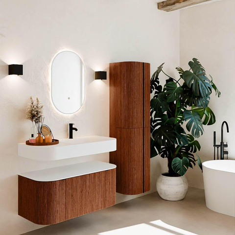 MONDIAZ THOR 100cm meuble de salle de bains arrondi gauche + droite couleur Ruby avec 1 tiroir et 2 portes. Vasque suspendue CLOUD Droite 1 trou de robinet couleur Talc. SW1467355