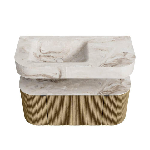 MONDIAZ THOR-DLUX 100cm meuble de salle de bains arrondi gauche + droite couleur Dusk avec 1 tiroir et 2 portes. Vasque suspendue CLOUD Gauche 1 trou de robinet couleur Frappe. SW1467389