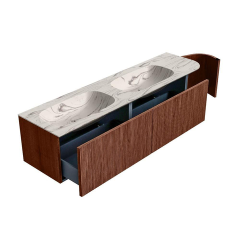 MONDIAZ KURVE-DLUX Meuble de salle de bains 175cm arrondi à droite couleur Ruby avec 2 tiroirs et 1 porte. Lavabo STOR SMALL Double / Gauche sans trou de robinet Nata. SW1432587
