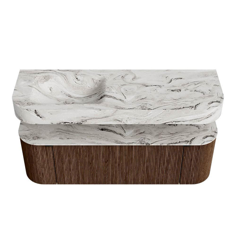 MONDIAZ THOR-DLUX 140cm meuble de salle de bains arrondi gauche + droite couleur Walnut avec 1 tiroir et 2 portes. Vasque suspendue CLOUD Gauche sans trou de robinet couleur Glace. SW1463951