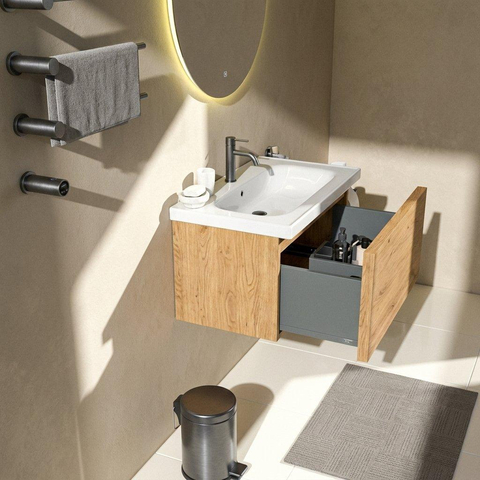 Saniclass Holz Frame Badkamermeubelset - 80x45x43.5cm - Palermo keramische wastafel wit - 1 wasbak - 1 kraangat - 1 lade - mat eiken natural (hout) SW1478600