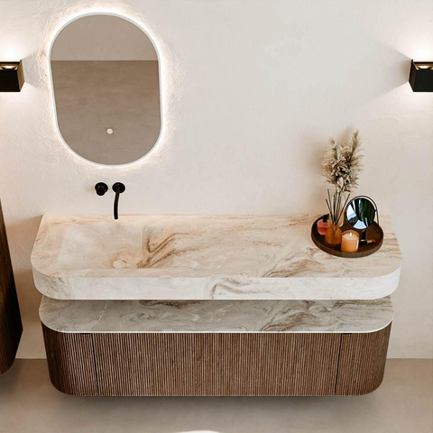 MONDIAZ THOR-DLUX 160cm meuble de salle de bains arrondi gauche + droite couleur Walnut avec 1 tiroir et 2 portes. Vasque suspendue CLOUD Gauche sans trou de robinet couleur Frappe. SW1464982