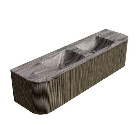 MONDIAZ KURVE-DLUX Meuble de salle de bains 170cm arrondi Gauche + Droite couleur Shadow avec 1 tiroir et 2 portes. Lavabo LEAF Double sans trou de robinet Sombra. SW1433791