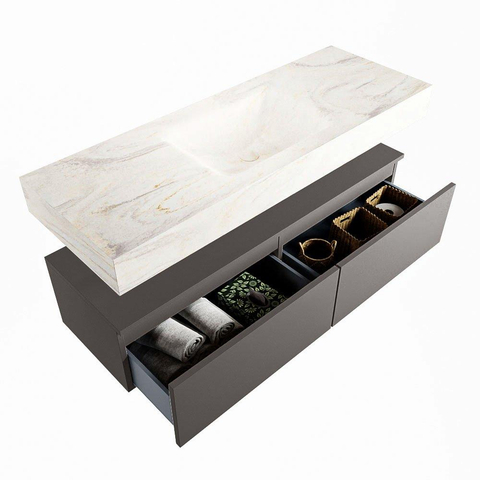 Mondiaz ALAN-DLUX Ensemble de meuble - 130cm - meuble Dark grey mat - 2 tiroirs - Lavabo Cloud Ostra suspendu - vasque Centre - 0 trous de robinet SW807280