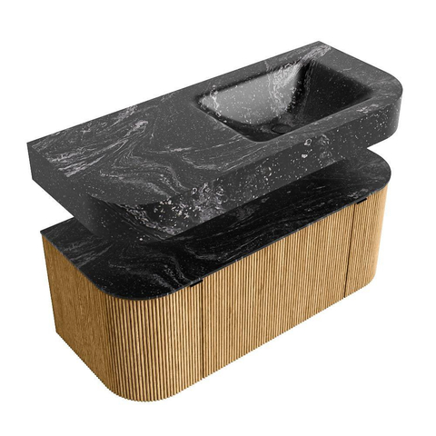 MONDIAZ THOR-DLUX 110cm meuble de salle de bains arrondi gauche + droite couleur Oak avec 1 tiroir et 2 portes. Vasque suspendue CLOUD Droite sans trou de robinet couleur Lava. SW1462746