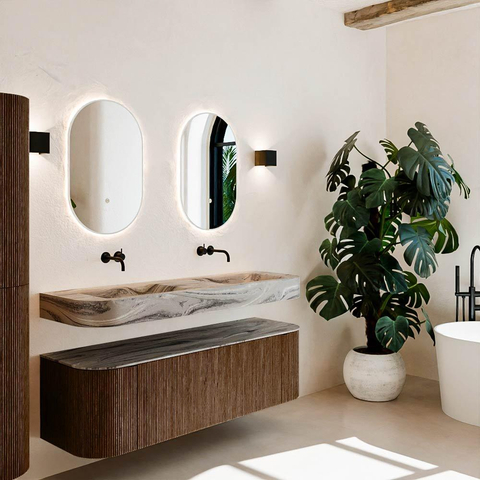 MONDIAZ THOR-DLUX 150cm meuble de salle de bains arrondi gauche + droite couleur Walnut avec 1 tiroir et 2 portes. Vasque suspendue CLOUD Double sans trou de robinet couleur Sombra. SW1464909