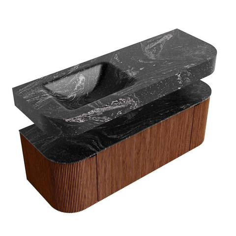 MONDIAZ THOR-DLUX 130cm meuble de salle de bains arrondi gauche + droite couleur Ruby avec 1 tiroir et 2 portes. Vasque suspendue CLOUD Gauche 1 trou de robinet couleur Lava. SW1463711