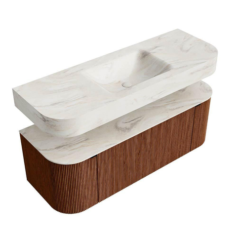 MONDIAZ THOR-DLUX 130cm meuble de salle de bains arrondi gauche + droite couleur Ruby avec 1 tiroir et 2 portes. Vasque suspendue CLOUD Milieu sans trou de robinet couleur Ostra. SW1463718