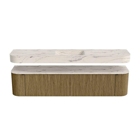 MONDIAZ THOR-DLUX 200cm meuble de salle de bains arrondi gauche + droite couleur Dusk avec 2 tiroirs et 2 portes. Vasque suspendue CLOUD Milieu sans trou de robinet couleur Nata. SW1467149