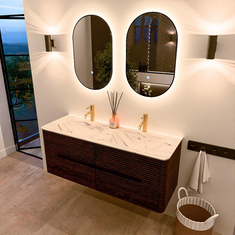 Mondiaz CIRO-DLUX Badkamermeubelset - 130x45x50cm - Solid surface wastafel Nata - 2 wasbak Dubbel - 2 kraangaten - 4 lades - Walnut SW1530559