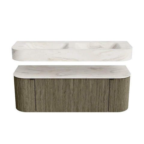 MONDIAZ THOR-DLUX 130cm meuble de salle de bains arrondi gauche + droite couleur Shadow avec 1 tiroir et 2 portes. Vasque suspendue CLOUD Double 2 trous de robinet couleur Ostra. SW1463777