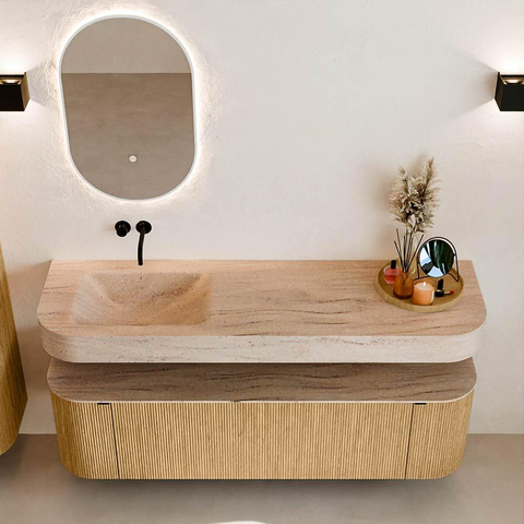 MONDIAZ THOR-DLUX 160cm meuble de salle de bains arrondi gauche + droite couleur Oak avec 1 tiroir et 2 portes. Vasque suspendue CLOUD Gauche sans trou de robinet couleur Saba. SW1465332