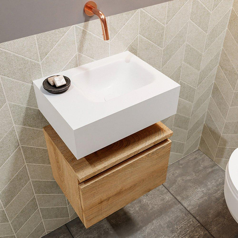 MONDIAZ ANDOR Toiletmeubel 40x30x30cm met 0 kraangaten 1 lades washed oak mat Wastafel Lex rechts Solid Surface Wit SW474257