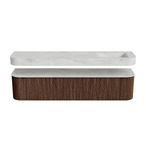 MONDIAZ THOR-DLUX 200cm badmeubel ronding links + rechts kleur Walnut met 2 lades en 2 deuren. Vrijhangende wastafel CLOUD Rechts zonder kraangat kleur Opalo. SW1466991