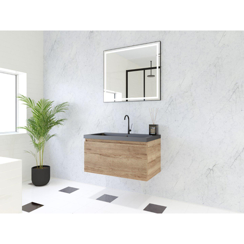 H&R Badmeubelen Matrix 3D badkamermeubelset 80cm 1 lade greeploos met greeplijst in kleur French oak met wasbak djazz 1 kraangat zwart mat SW857044