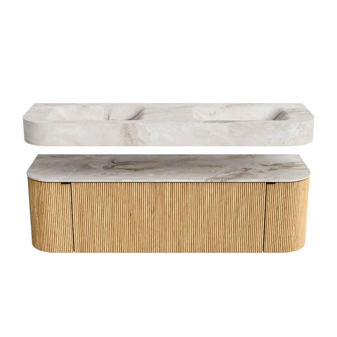 MONDIAZ THOR-DLUX 150cm meuble de salle de bains arrondi gauche + droite couleur Oak avec 1 tiroir et 2 portes. Vasque suspendue CLOUD Double 2 trous de robinet couleur Frappe. SW1464587
