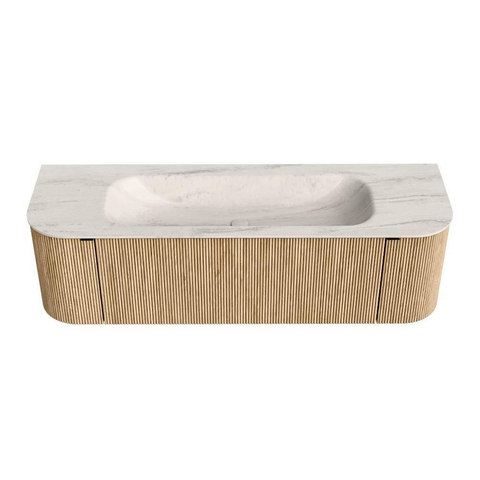 MONDIAZ KURVE-DLUX meuble de salle de bains 150cm arrondi gauche + droite couleur Oak avec 1 tiroir et 2 portes. Lavabo BIG MEDIUM milieu 1 trou de robinet Meli. SW1431598