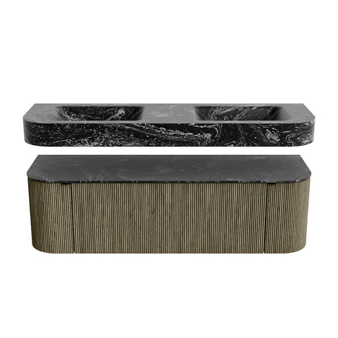 MONDIAZ THOR-DLUX 150cm badmeubel ronding links + rechts kleur Shadow met 1 lade en 2 deuren. Vrijhangende wastafel CLOUD Dubbel zonder kraangat kleur Lava. SW1464679