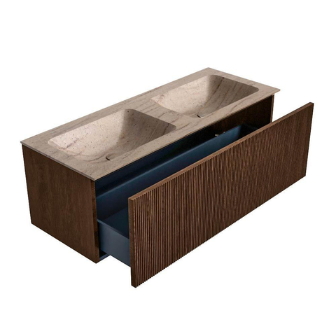 MONDIAZ KURVE-DLUX meuble de salle de bains 120cm couleur Walnut avec 1 tiroir et 0 porte. Lavabo LEAF double 2 trous de robinet Saba. SW1433207