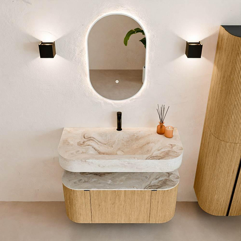 MONDIAZ THOR-DLUX Meuble de salle de bains - 100cm - arrondi gauche + droite - couleur Oak - 1 tiroir - 2 portes - Vasque suspendue CLOUD Milieu 1 trou de robinet - couleur Frappe SW1467304