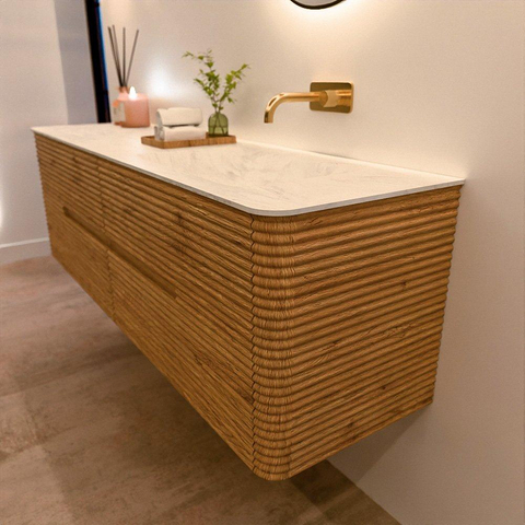Mondiaz CIRO-DLUX Meuble de salle de bains - 160x45x50cm - Plan vasque solid surface Opalo - 1 vasque à droite - sans trous de robinet - 4 tiroirs - Chêne SW1530914
