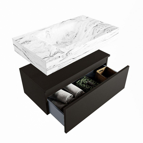 Mondiaz ALAN-DLUX Ensemble de meuble - 80cm - meuble Urban mat - 1 tiroir - Lavabo Cloud Glace suspendu - vasque Centre - 0 trous de robinet SW804749