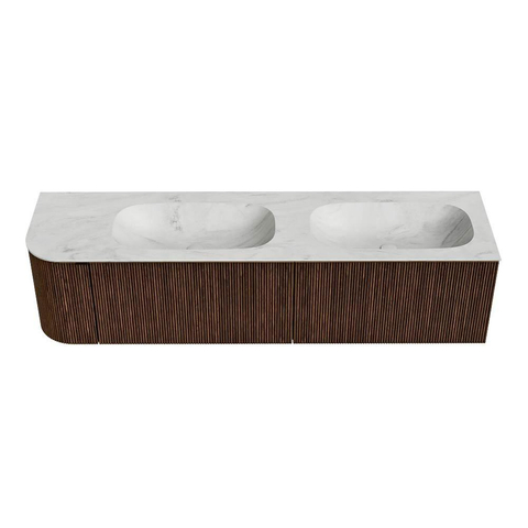 MONDIAZ KURVE-DLUX Meuble de salle de bains 175 cm avec module 25 L couleur Walnut avec 2 tiroirs et 1 porte. Lavabo STOR SMALL double / à droite sans trou de robinet couleur Opalo. SW1137686