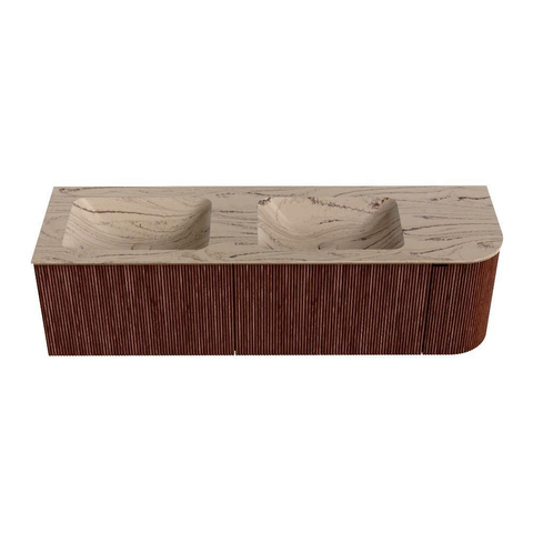 MONDIAZ KURVE-DLUX Meuble de salle de bains 155cm arrondi à droite couleur Ruby avec 2 tiroirs et 1 porte. Lavabo LEAF Double / gauche sans trou de robinet Arena. SW1431552