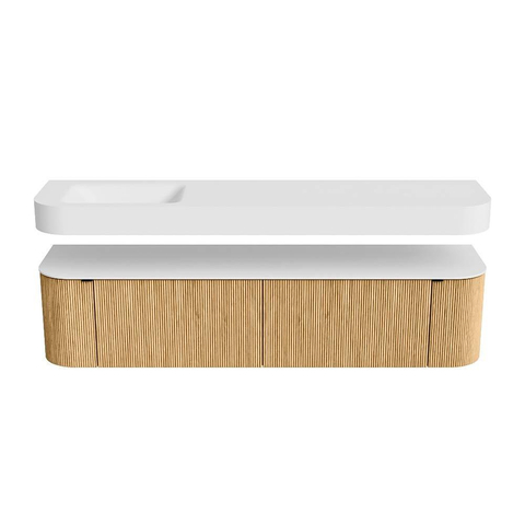 MONDIAZ THOR 190cm meuble de salle de bains arrondi gauche + droite couleur Oak avec 2 tiroirs et 2 portes. Vasque suspendue CLOUD gauche 1 trou de robinet couleur Talc. SW1466359