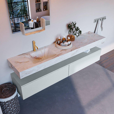 Mondiaz ALAN-DLUX Ensemble de meuble - 200cm - meuble Clay mat - 2 tiroirs - Lavabo Cloud Frappe suspendu - vasque Gauche - 1 trou de robinet SW804879