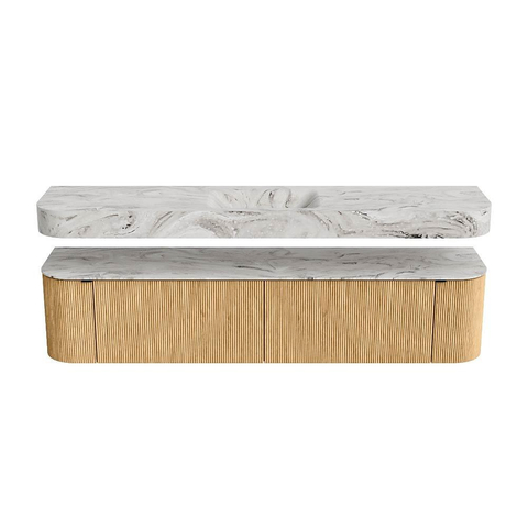 MONDIAZ THOR-DLUX 200cm badmeubel ronding links + rechts kleur Oak met 2 lades en 2 deuren. Vrijhangende wastafel CLOUD Midden 1 kraangat kleur Glace. SW1466955