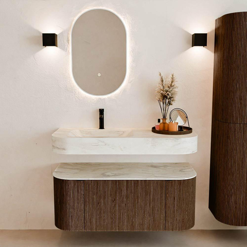 MONDIAZ THOR-DLUX 110cm meuble de salle de bains arrondi gauche + droite couleur Walnut avec 1 tiroir et 2 portes. Vasque suspendue CLOUD Gauche 1 trou de robinet couleur Ostra. SW1462768