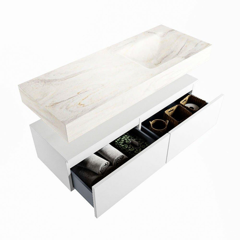 Mondiaz ALAN-DLUX Ensemble de meuble - 120cm - meuble Talc mat - 2 tiroirs - Lavabo Cloud Ostra suspendu - vasque Droite - 0 trous de robinet SW806950