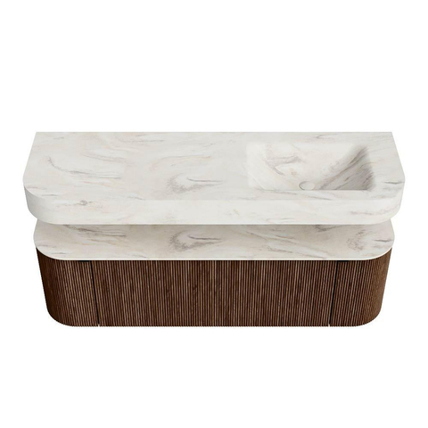 MONDIAZ THOR-DLUX 150cm meuble de salle de bains arrondi gauche + droite couleur Walnut avec 1 tiroir et 2 portes. Vasque suspendue CLOUD droite sans trou de robinet couleur Ostra. SW1464475