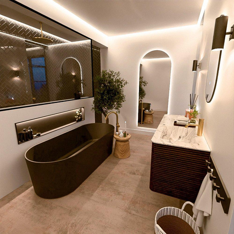 Mondiaz CIRO-DLUX Badkamermeubelset - 130x45x50cm - Solid surface wastafel Glace - 1 wasbak Rechts - 1 kraangat - 4 lades - Walnut SW1530237