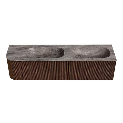 MONDIAZ KURVE-DLUX 175cm meuble de salle de bains arrondi Gauche couleur Walnut avec 2 tiroirs et 1 porte. Lavabo STOR SMALL Double / Droite sans trou de robinet Oza. SW1432491